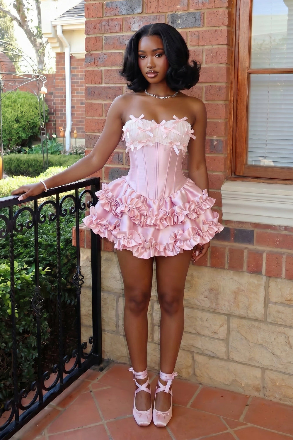 Elowen Strapless Corset Ruffle Mini Dress in Powder Pink – styled