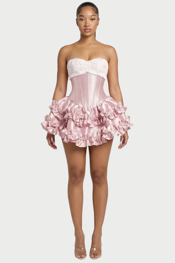 Elowen Strapless Corset Ruffle Mini Dress in Powder Pink – front
