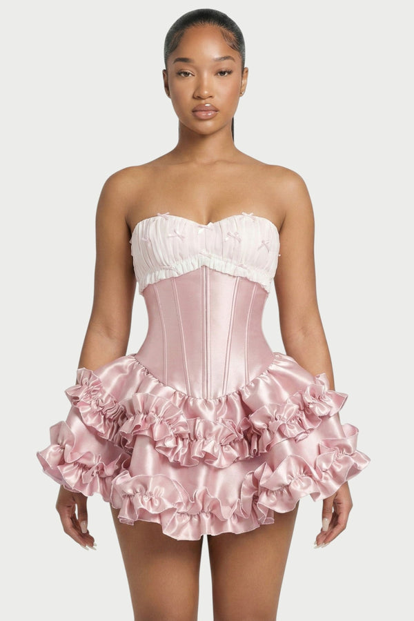 Elowen Strapless Corset Ruffle Mini Dress in Powder Pink – front close-up