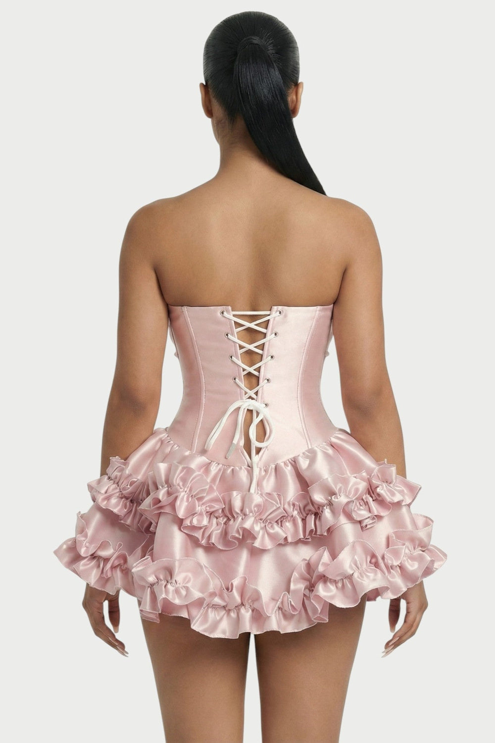 Elowen Strapless Corset Ruffle Mini Dress in Powder Pink – back close-up