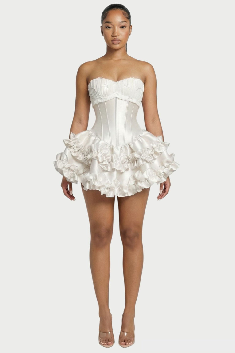 Elowen Strapless Corset Ruffle Mini Dress in Ivory – front