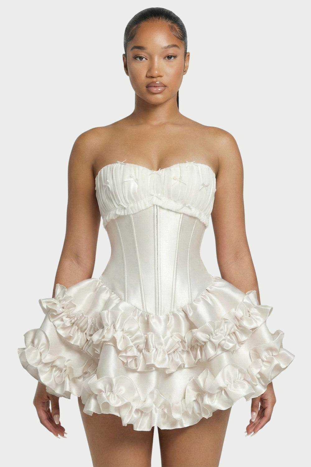 Elowen Strapless Corset Ruffle Mini Dress in Ivory – front close-up