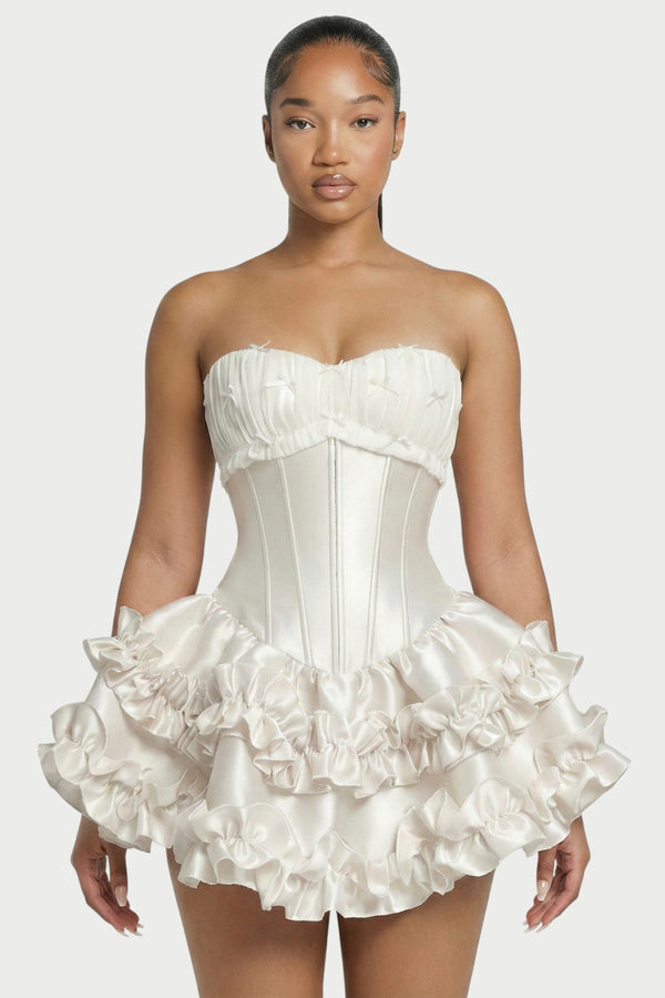 Elowen Strapless Corset Ruffle Mini Dress in Ivory – front close-up