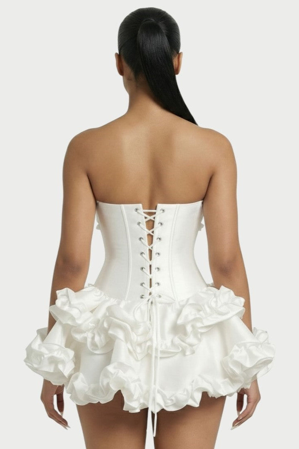 Elowen Strapless Corset Ruffle Mini Dress in Ivory – back close-up