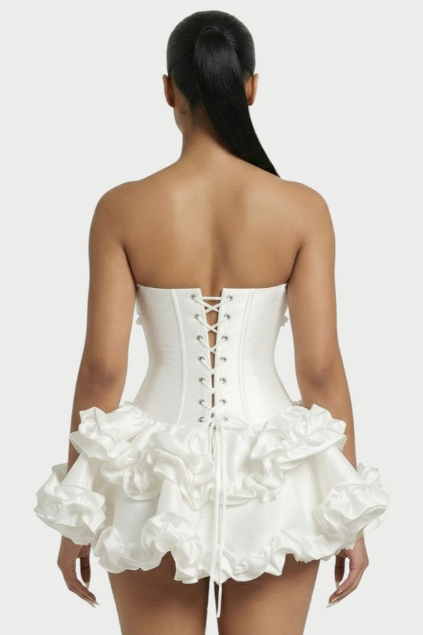 Elowen Strapless Corset Ruffle Mini Dress in Ivory – back close-up