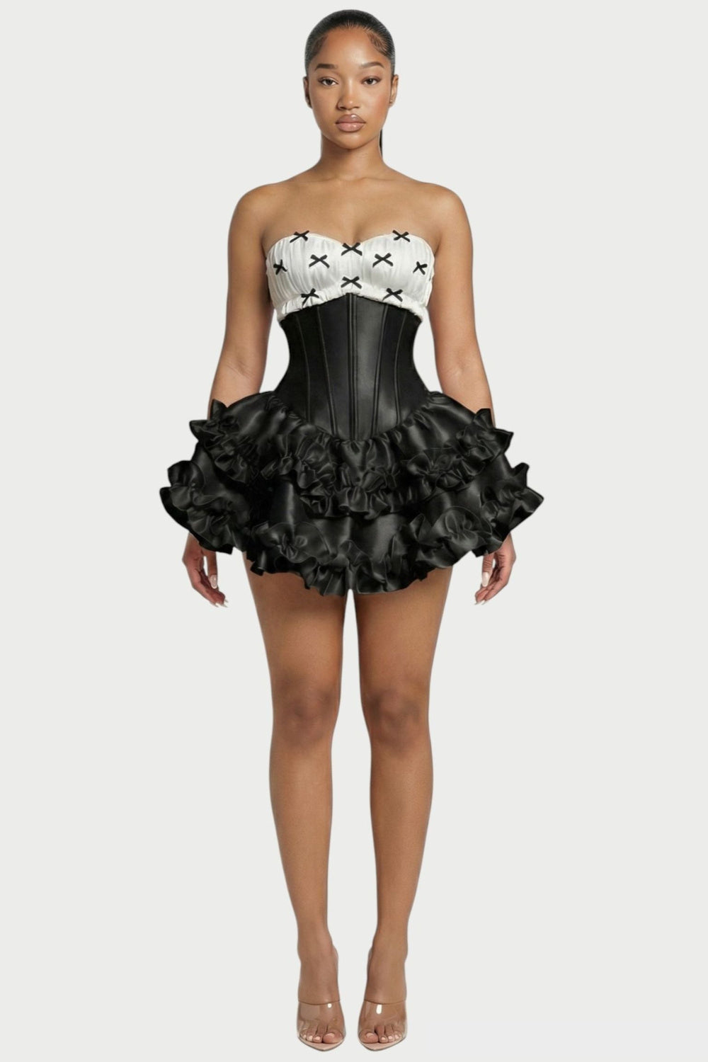 Elowen Strapless Corset Ruffle Mini Dress in Black – front