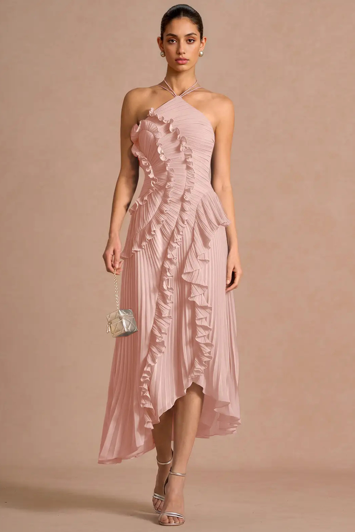 Robe longue plissée à col montant