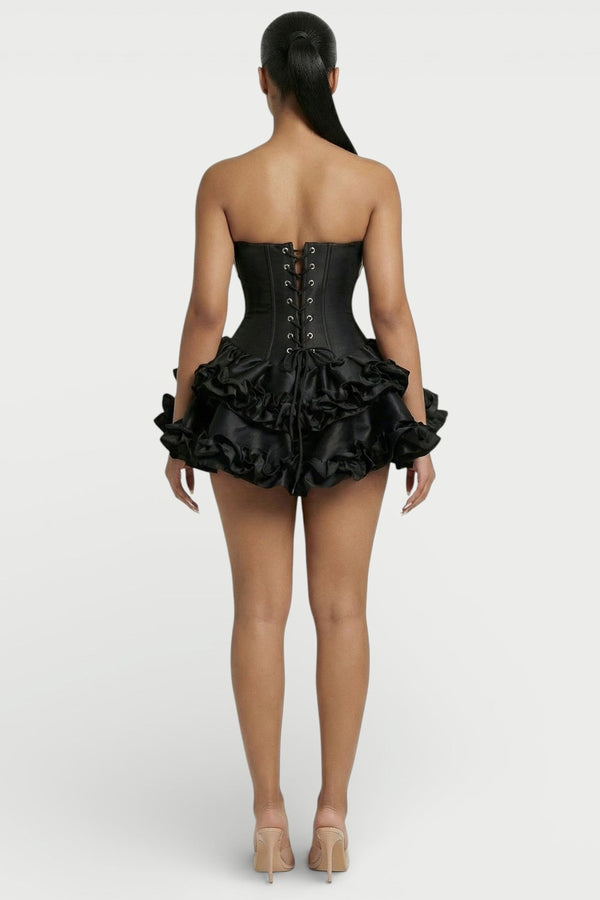 Elowen Strapless Corset Ruffle Mini Dress in Black – back