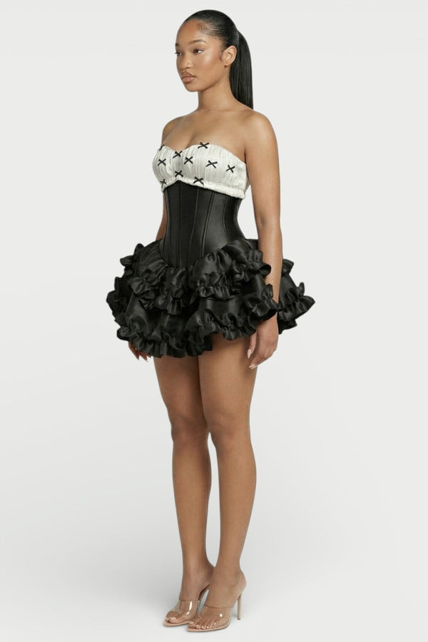 Elowen Strapless Corset Ruffle Mini Dress in Black – side