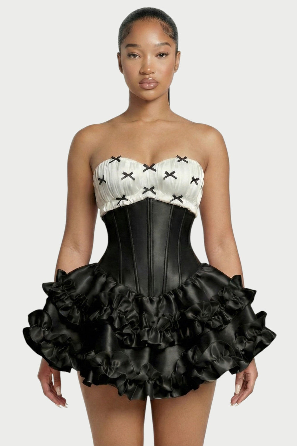 Elowen Strapless Corset Ruffle Mini Dress in Black – front close-up