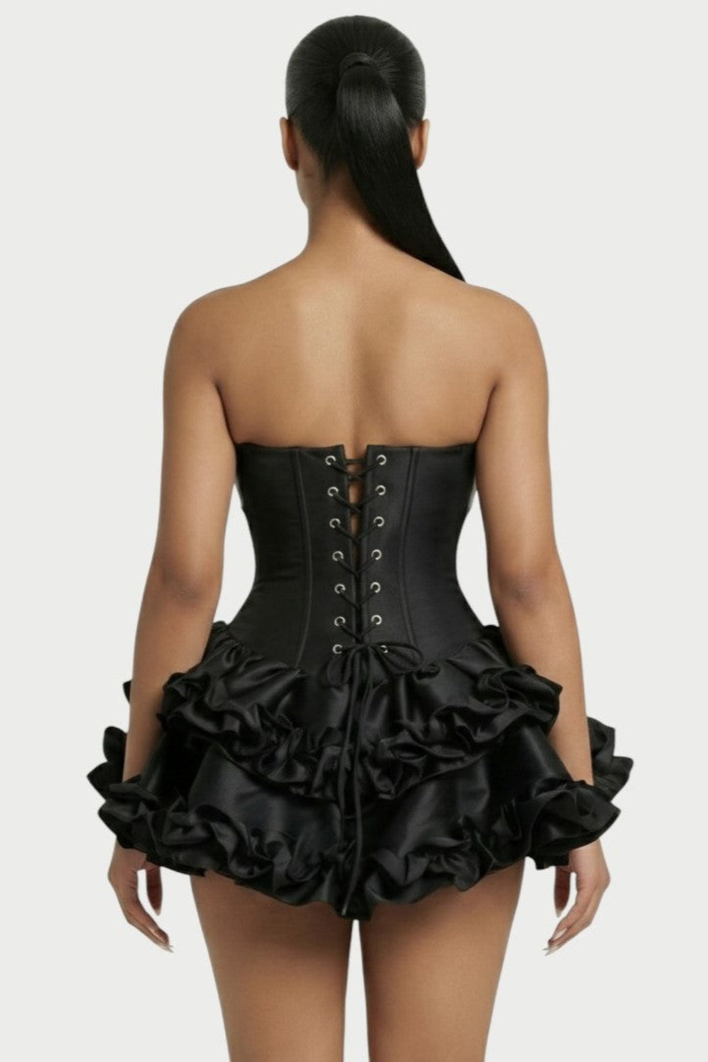 Elowen Strapless Corset Ruffle Mini Dress in Black – back close-up