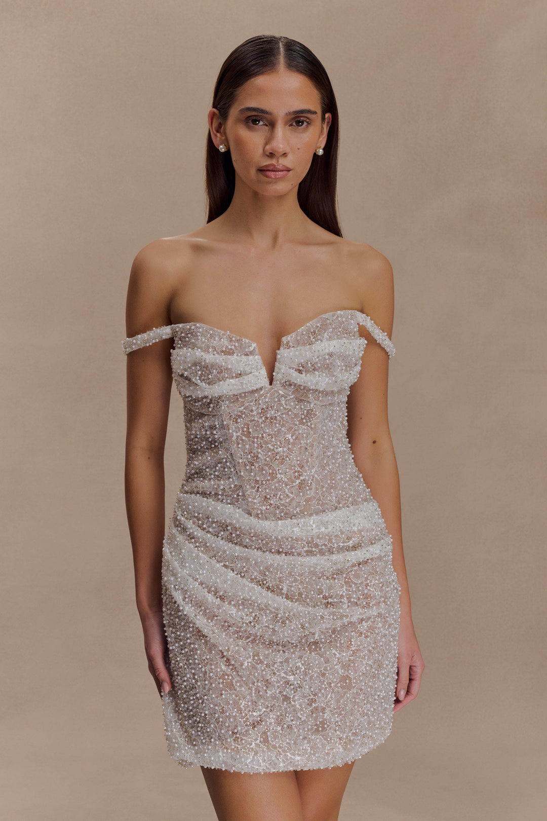 Connie Beaded Bodycon Mini Dress - Nude