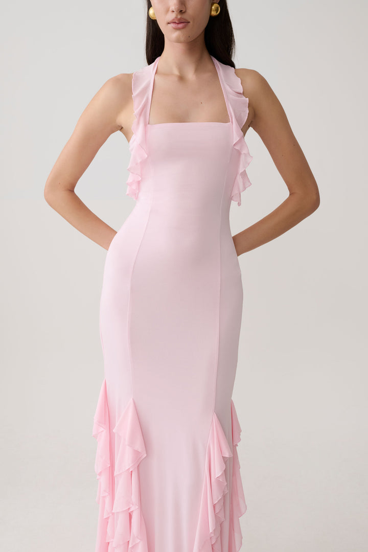 Etta Ruffle Slinky Maxi Dress - Pale Pink