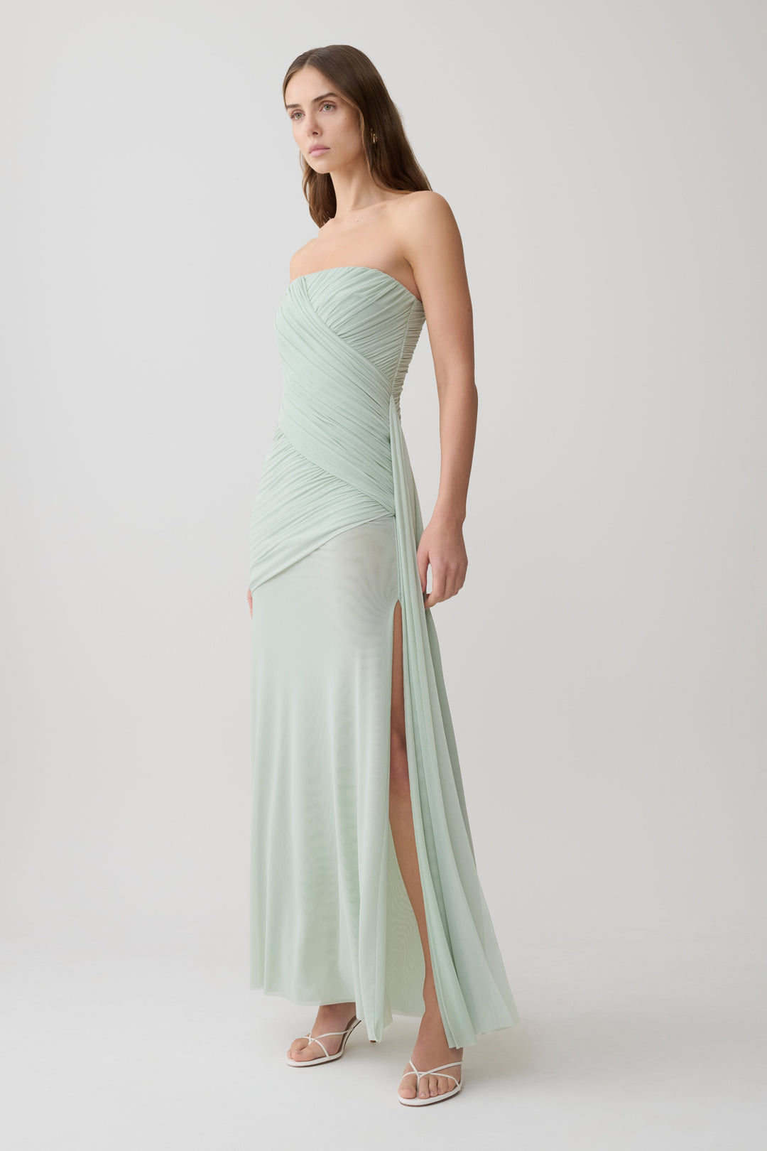 Monet Strapless Ruched Mesh Maxi Dress - Aqua Grey