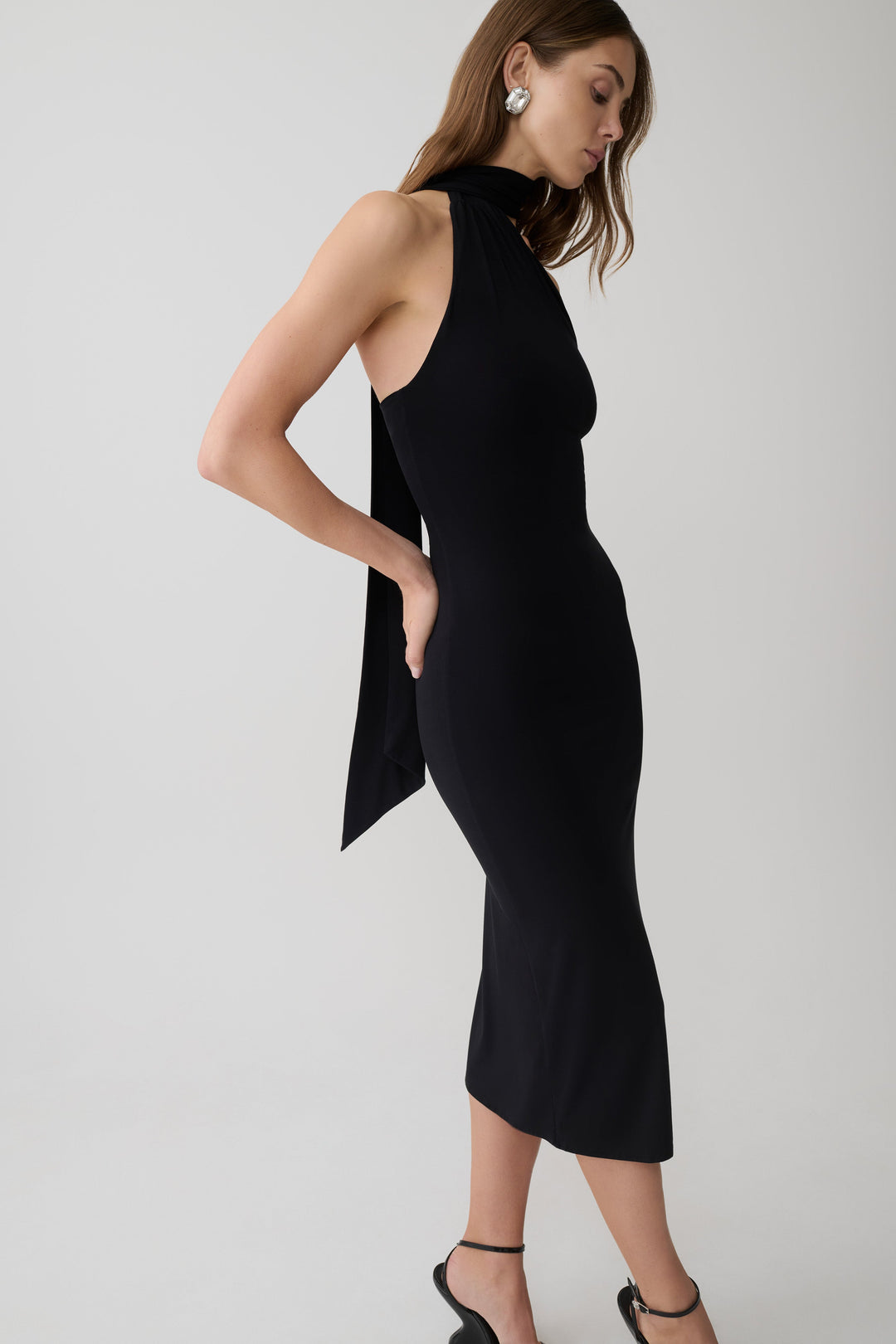 Jemma One Shoulder Tie Midi Dress - Black