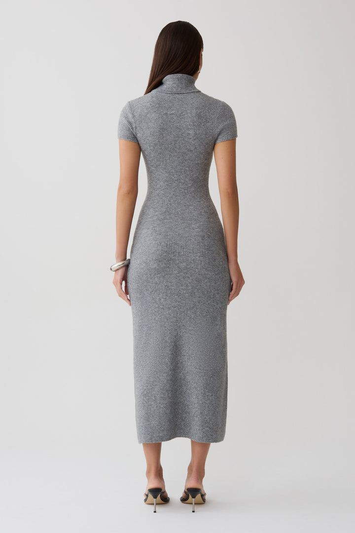 Goldie High Neck Knit Midi Dress - Grey Marle