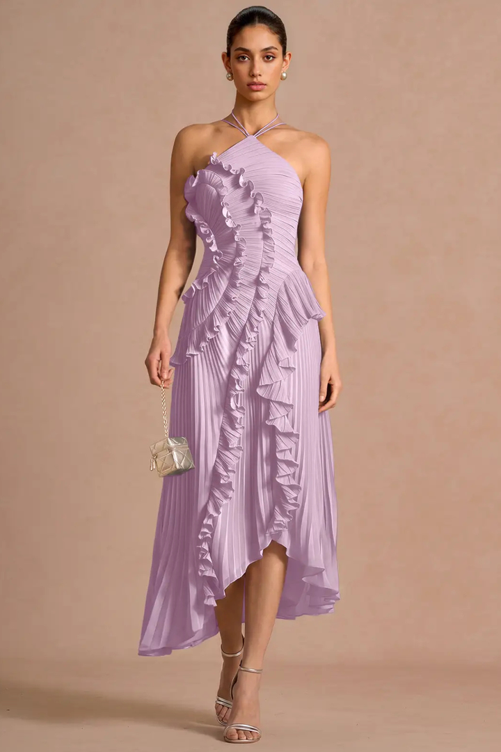 Robe longue plissée à col montant