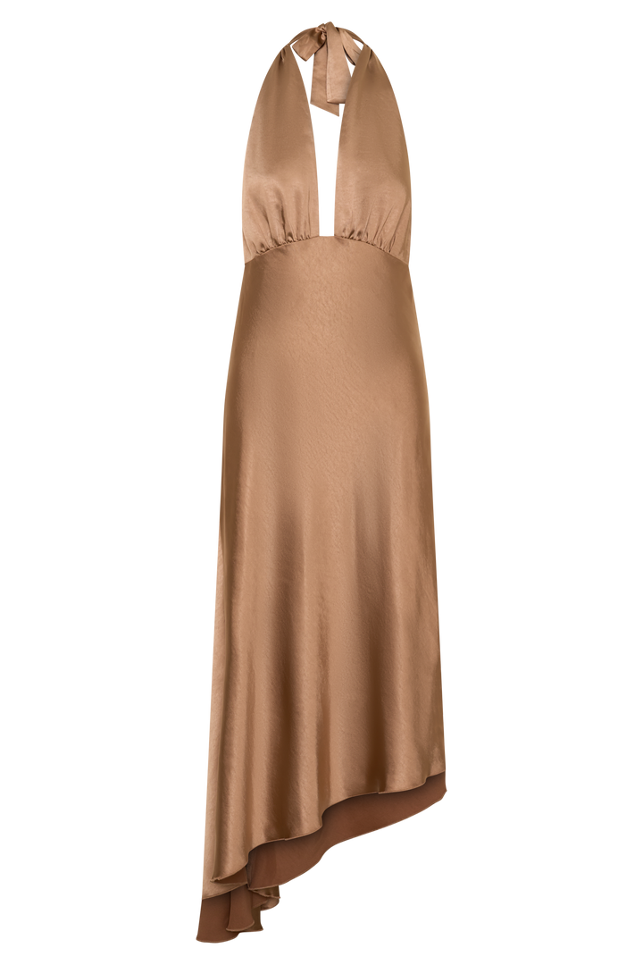 Adelie Asymmetric Hem Halter Midi Dress - Cognac