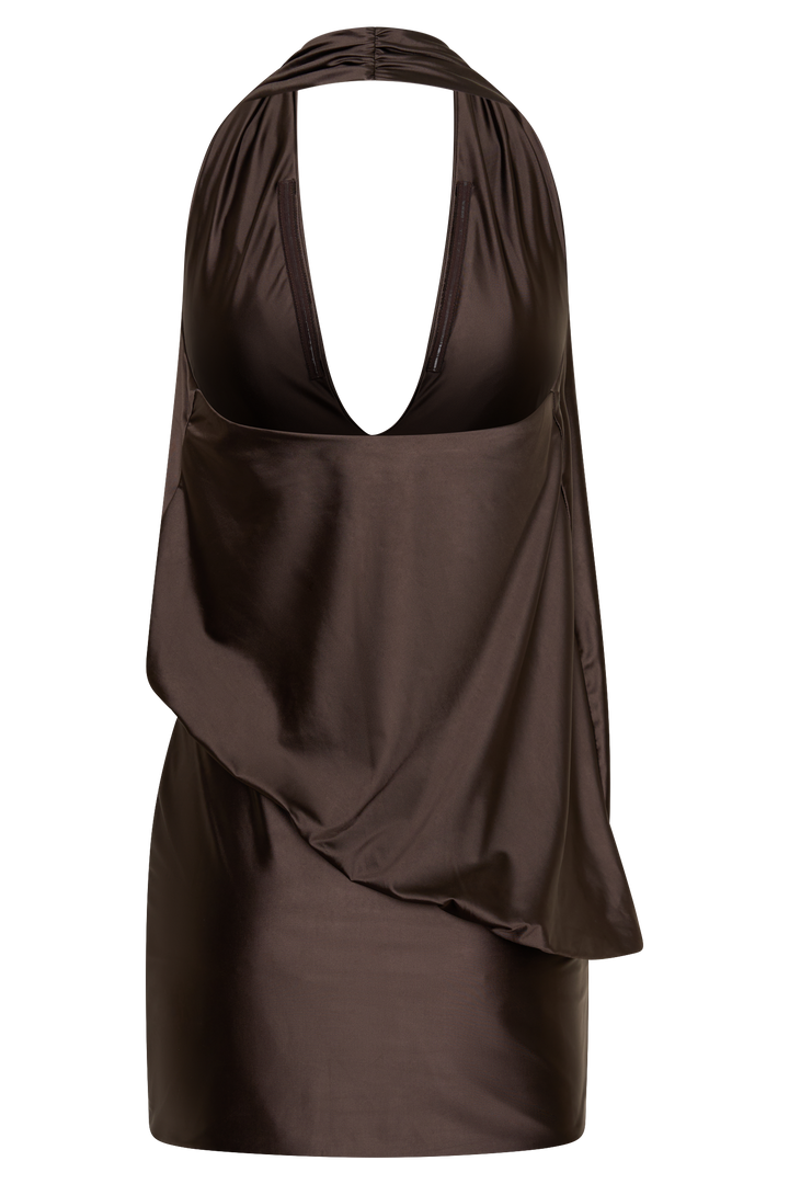 Arabel Draped Halter Mini Dress - Chocolate
