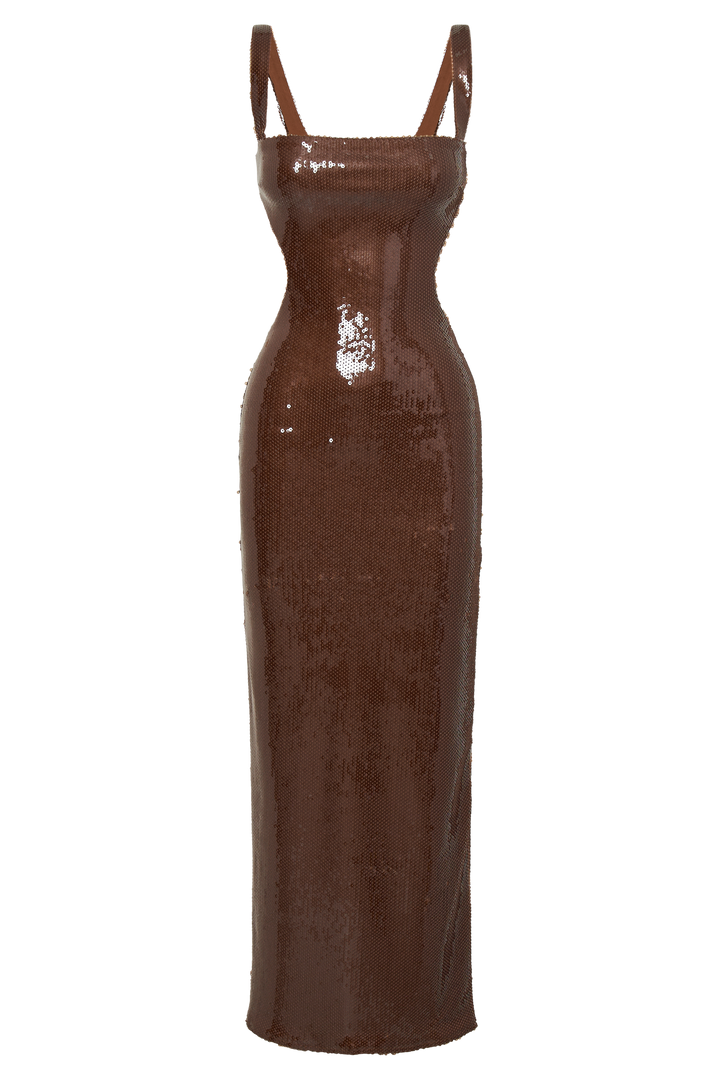 Adoria Sequin Cut Out Maxi Dress - Chocolate