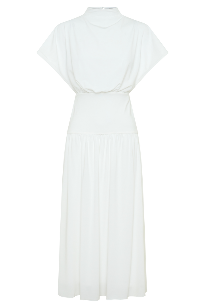 Ailla High Neck Cowl Midi Dress - White
