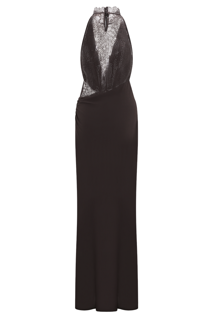 Arra Chiffon And Lace Halter Maxi Dress - Cacao Brown