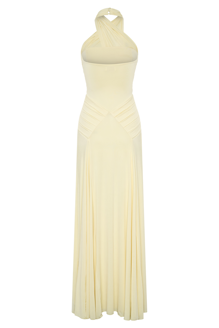 Indira Gathered Slinky Halter Maxi Dress - Lemon