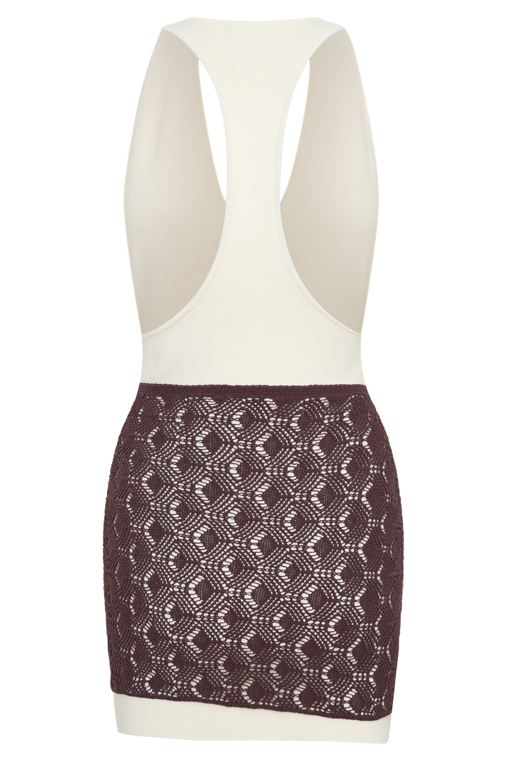 Mollie Mini Dress With Crochet Overlay - White/Chocolate