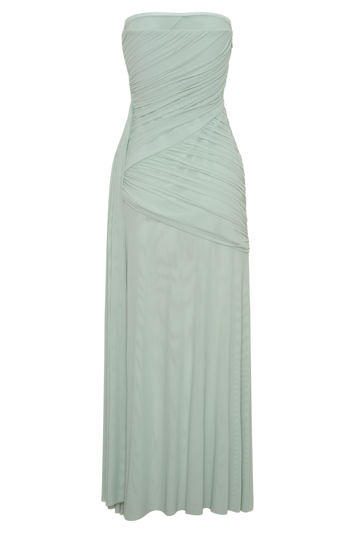 Monet Strapless Ruched Mesh Maxi Dress - Aqua Grey