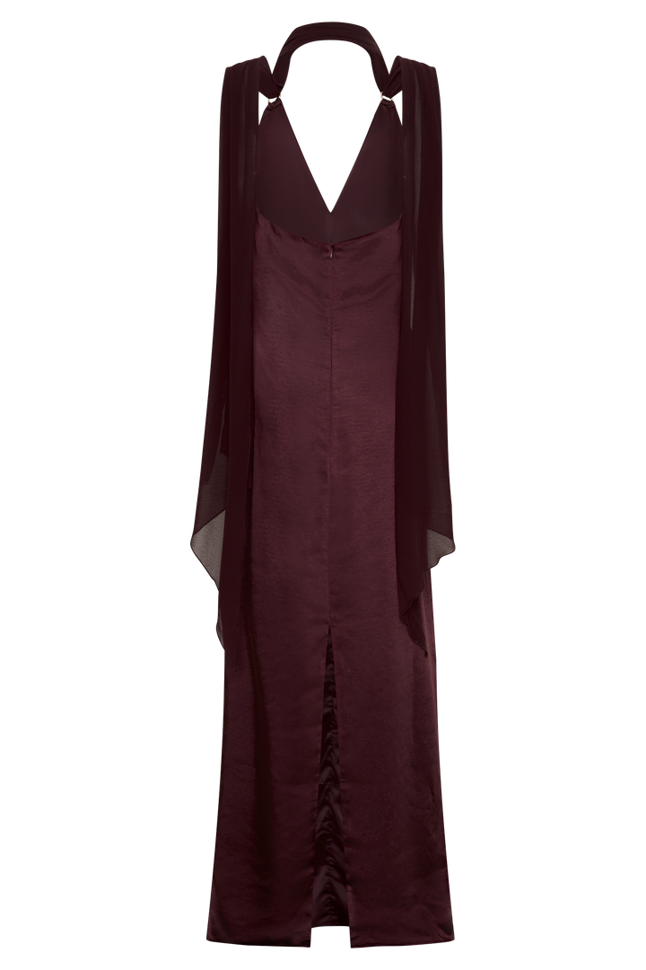 Myla Draped Shoulders Satin Maxi Dress - Chocolate