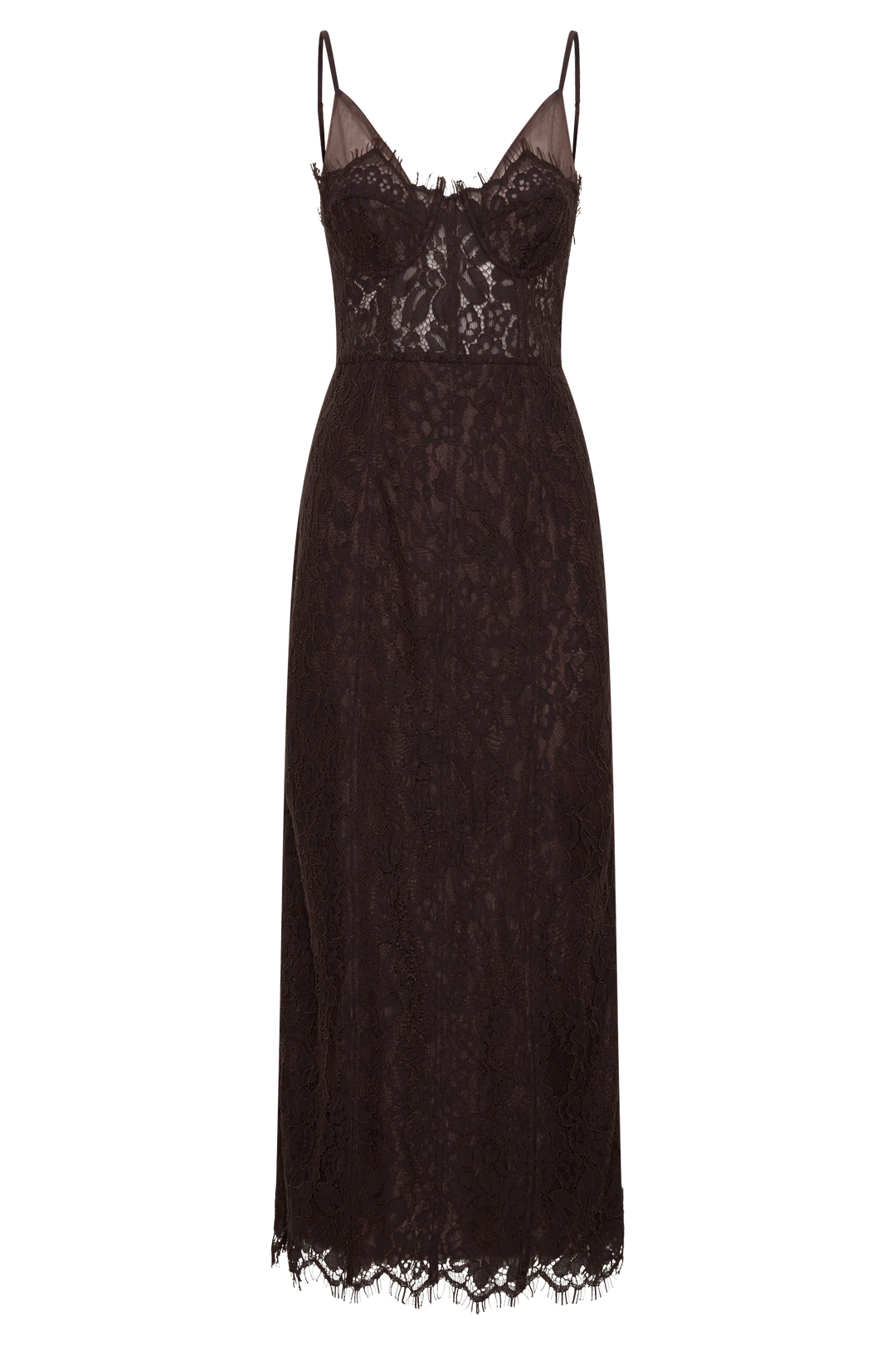 Ottilie Lace And Mesh Midi Dress - Dark Chocolate