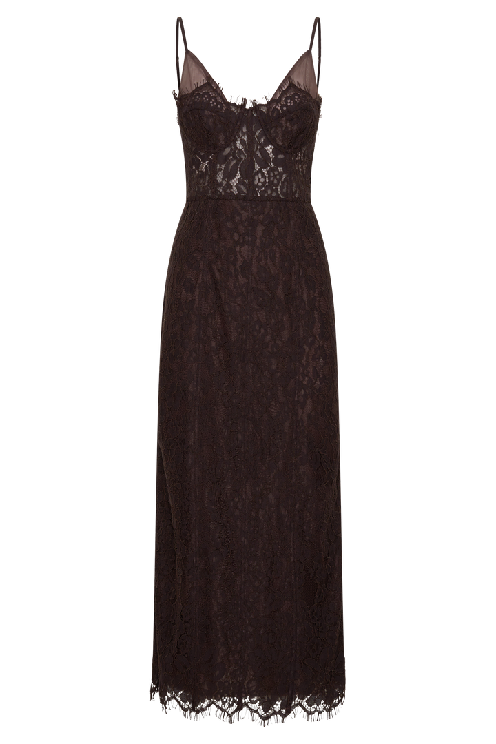Ottilie Lace And Mesh Midi Dress - Dark Chocolate