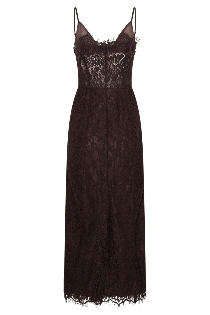 Ottilie Lace And Mesh Midi Dress - Dark Chocolate