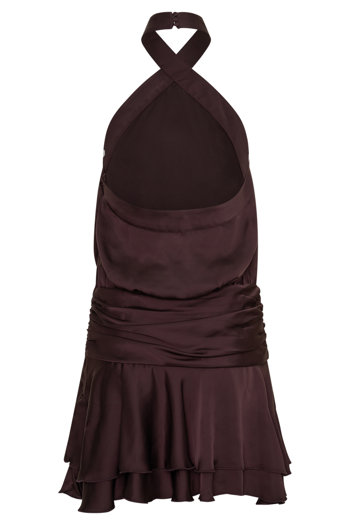 Poppy Satin Halter Mini Dress - Chocolate