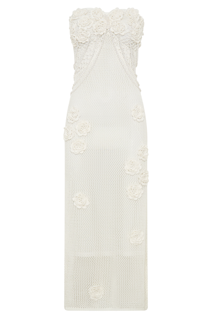 Samantha Crochet Midi Dress With Flowers - Ivory