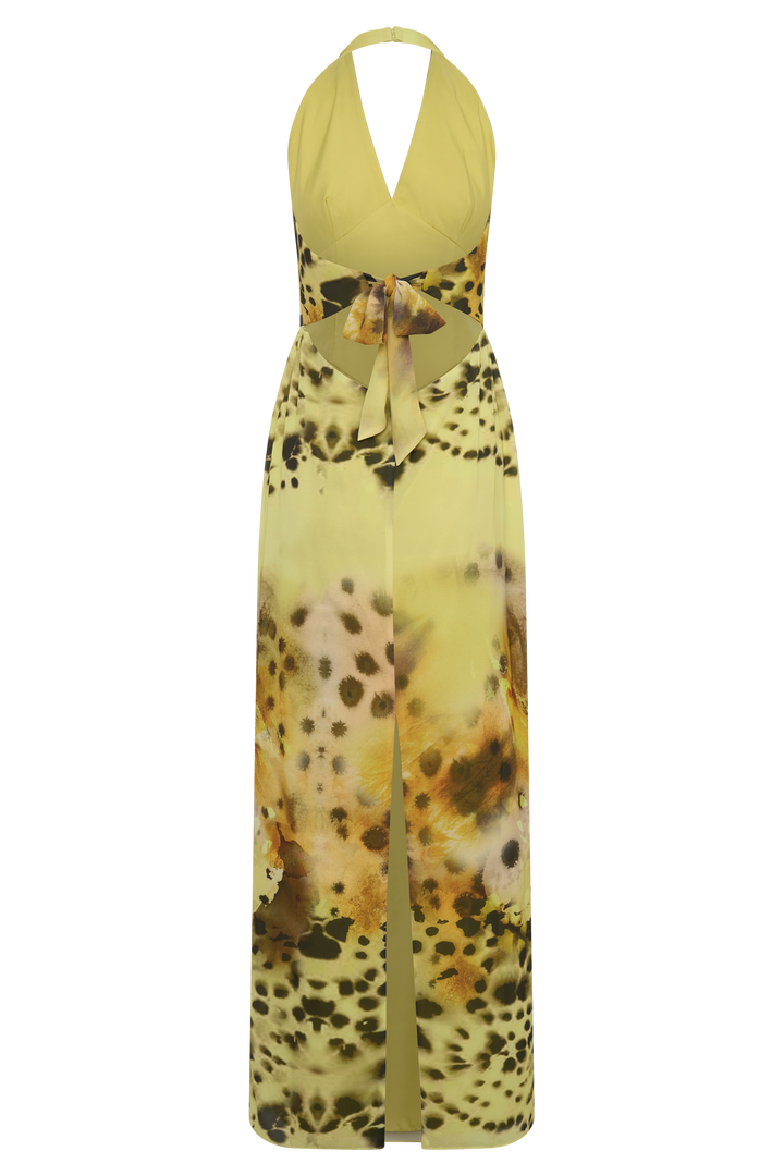 Valentina Chiffon Halter Maxi Dress - Yellow Floral Leopard Print