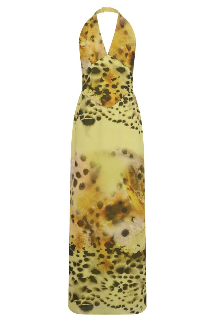 Valentina Chiffon Halter Maxi Dress - Yellow Floral Leopard Print