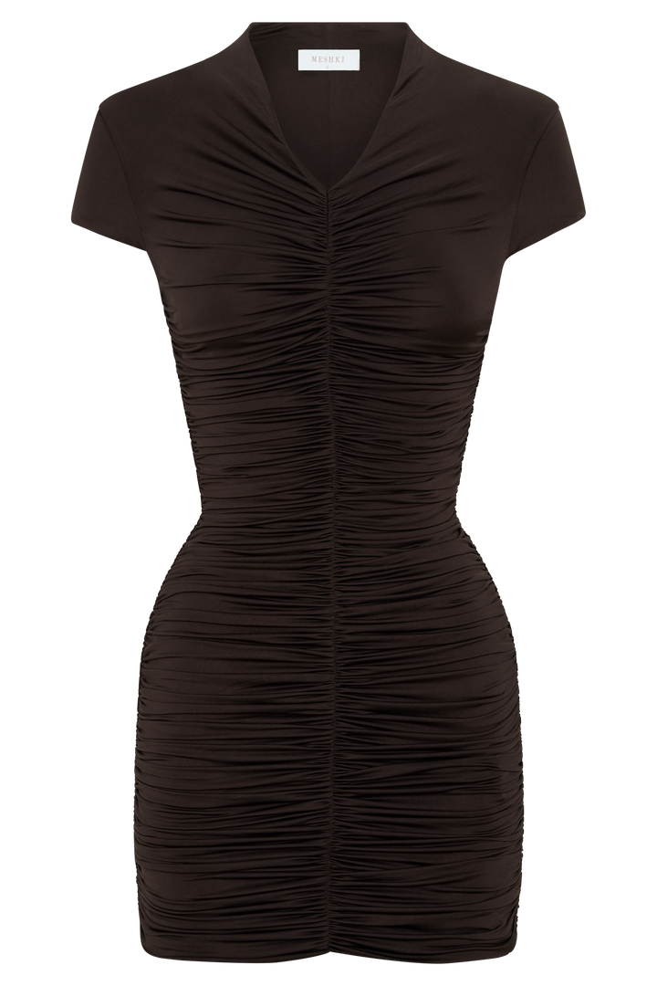Alphine Gathered Short Sleeve Mini Dress - Chocolate