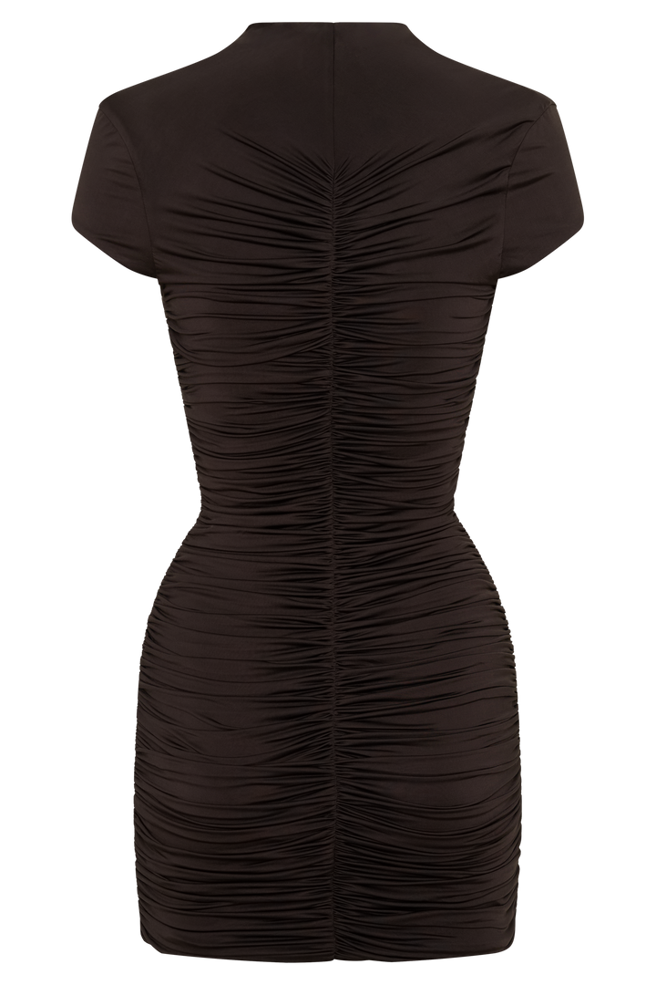 Alphine Gathered Short Sleeve Mini Dress - Chocolate