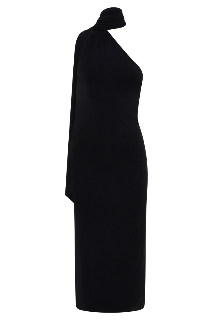 Jemma One Shoulder Tie Midi Dress - Black