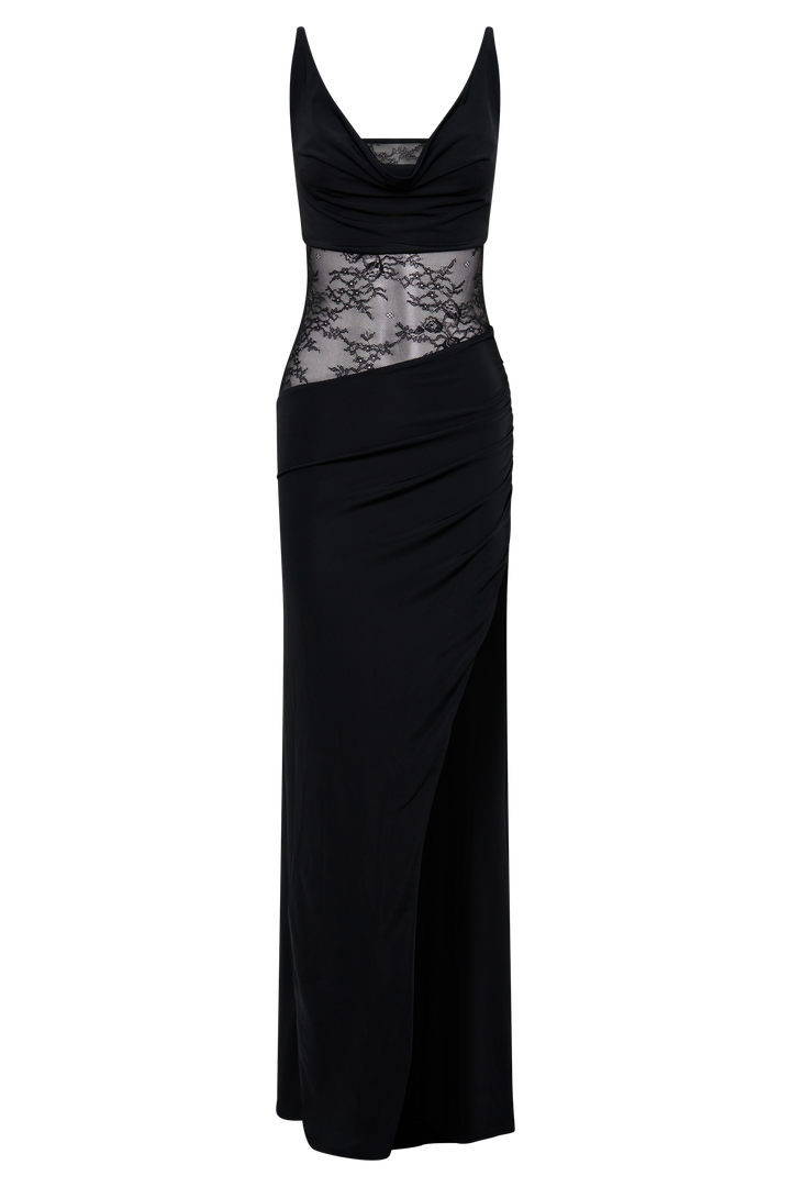 Kelela Draped Slinky And Lace Maxi Dress - Black