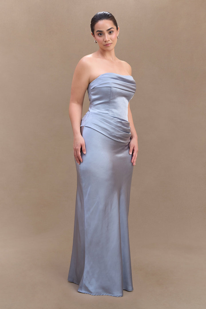 Jasmine Strapless Satin Maxi Dress - Frosted Blue