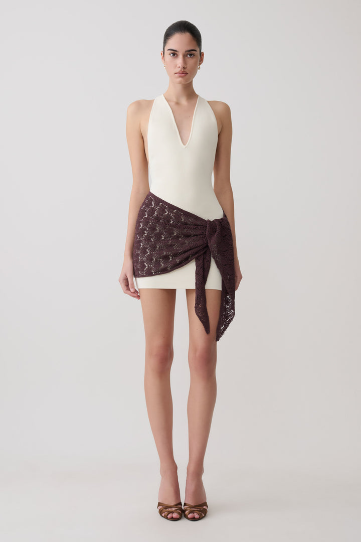 Mollie Mini Dress With Crochet Overlay - White/Chocolate