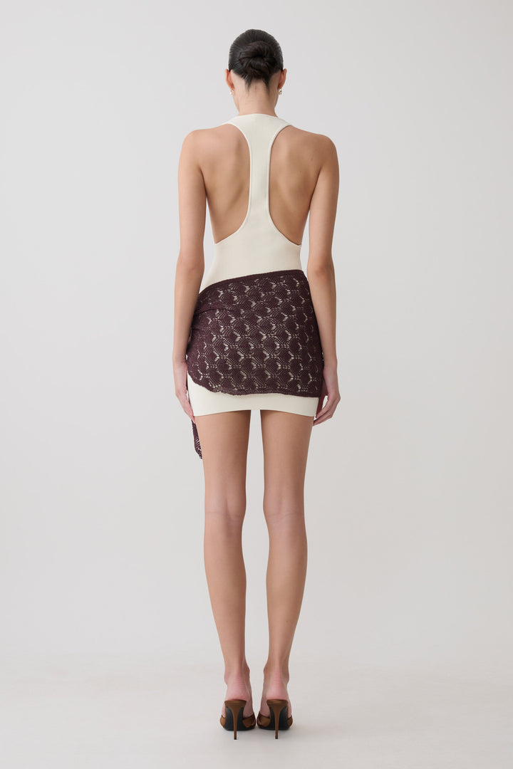 Mollie Mini Dress With Crochet Overlay - White/Chocolate