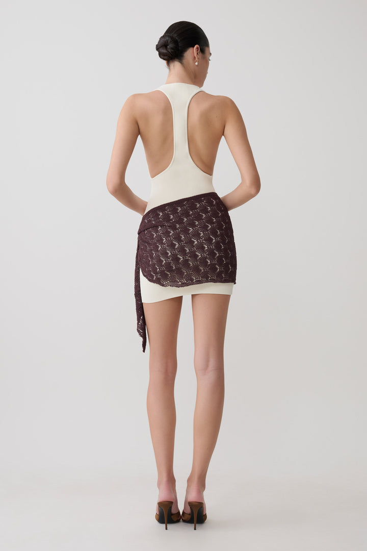 Mollie Mini Dress With Crochet Overlay - White/Chocolate
