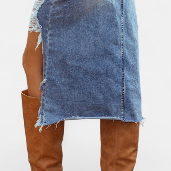 Anouk Relaxed High-Waist Denim Maxi Skirt – detail: Frayed raw hem and slit