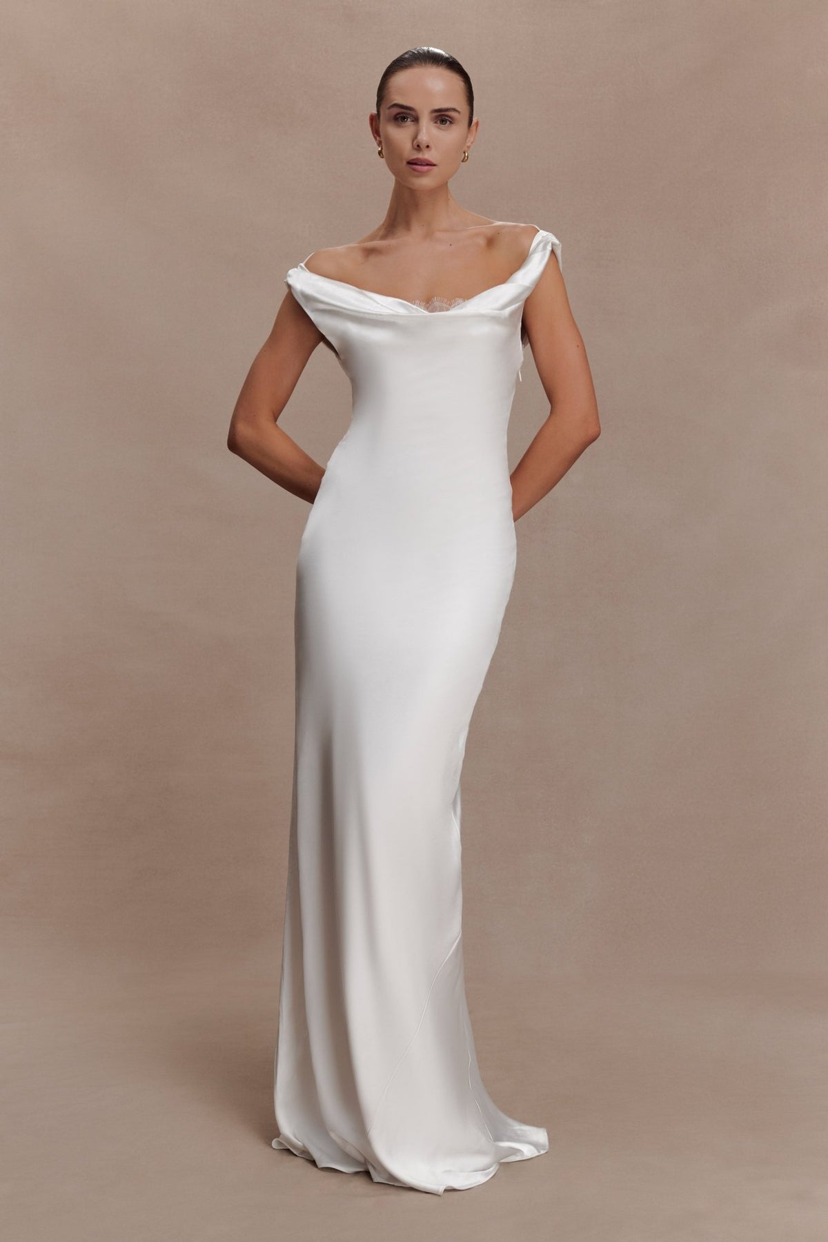 Ashley Cowl Neck Lace And Satin Maxi Dress