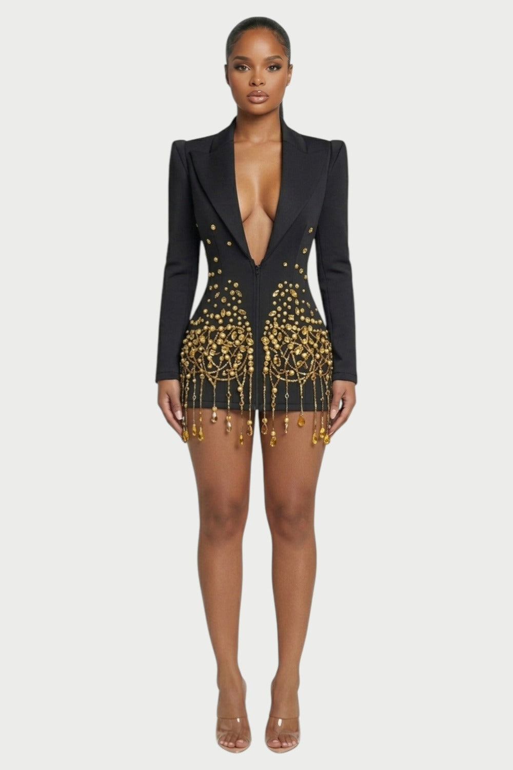 Vesper Crystal-Fringe Blazer Mini Dress in Black Gold – front