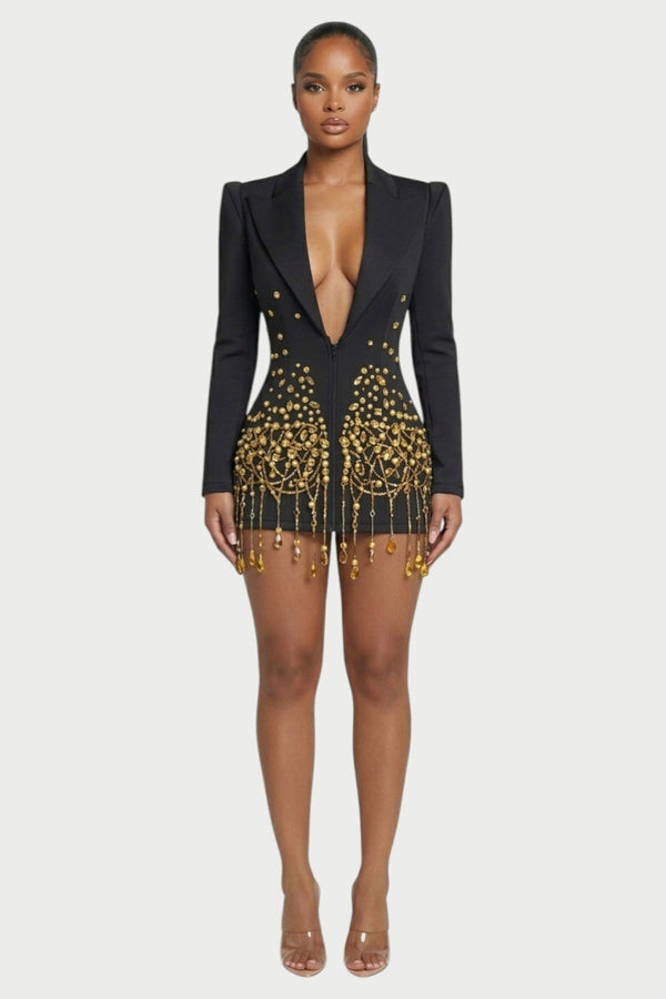 Vesper Crystal-Fringe Blazer Mini Dress in Black Gold – front