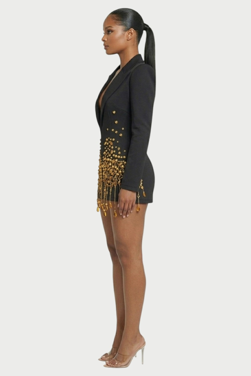 Vesper Crystal-Fringe Blazer Mini Dress in Black Gold – 3
